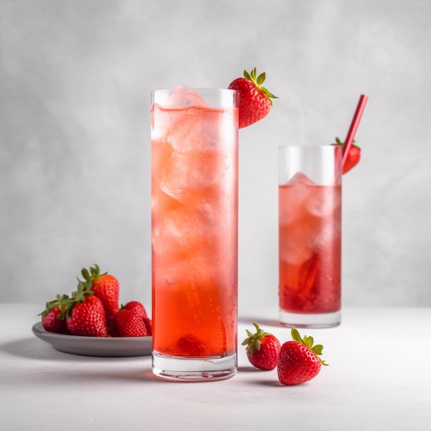 Fresh summer cocktail with strawberry and ice cubes in glasses on grey background Generative AI