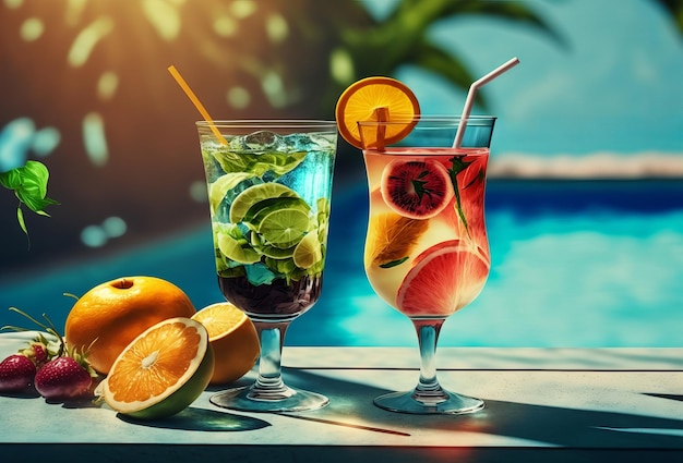 Fresh summer cocktails by a hotel swimming pool Generative ai