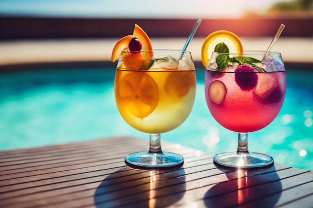 Fresh summer cocktails by a hotel swimming pool