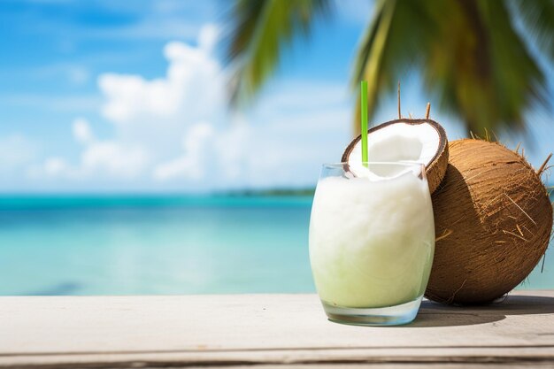 Photo fresh summer drink of young coconut on tropical beach background