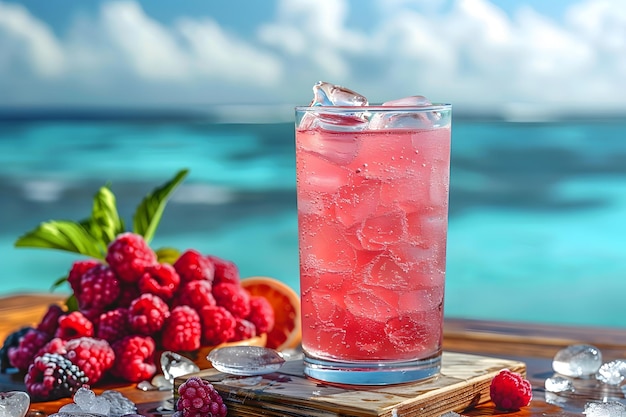 Фото Свежие летние напитки коктейли с ягодами фруктами лед и мороз на бокалах отдых открытый пляжный бар концепция