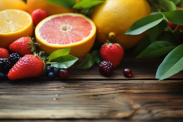 写真 木製の背景に新鮮な夏の果物