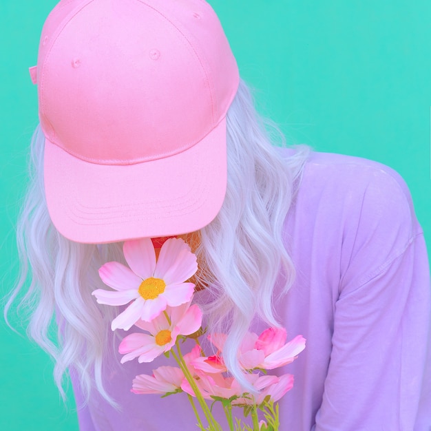 Fresh summer look. Girl power pastel colours style. Girl 90s aesthetic. Flowers bloom positive vibes