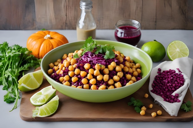 Fresh summer Mediterranean salad with chickpeas tomatoes cucumbers spinach red onion