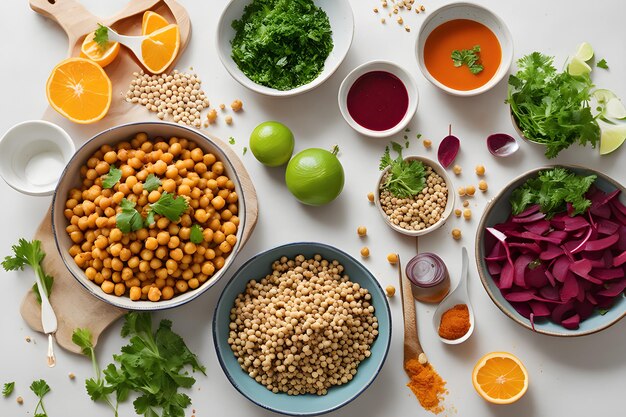 Fresh summer Mediterranean salad with chickpeas tomatoes cucumbers spinach red onion