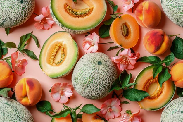 Photo fresh summer melons and apricots with blossoms on a pastel pink background healthy fruit