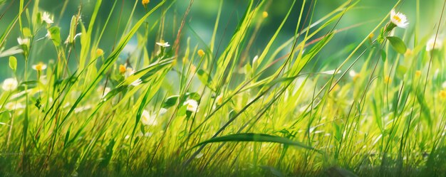 Fresh summer nature meadow grass background with flowers