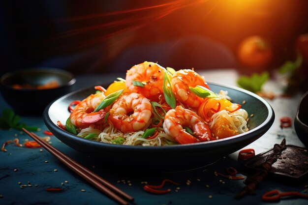 Photo fresh summer salad with shrimp avocado and tomato cherry in bowl on dark table