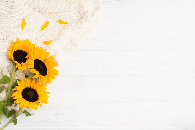 Fresh sunflowers with autumn leaves on warm plaid over wooden background