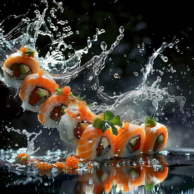 Fresh sushi falls into the water The splash of water from falling sushi