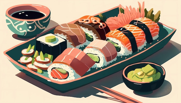 A fresh sushi platter with colorful rolls digital art illustration generative AI