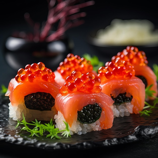 Foto sushi fresco con caviale rosso su uno sfondo scuro sushi su uno nero