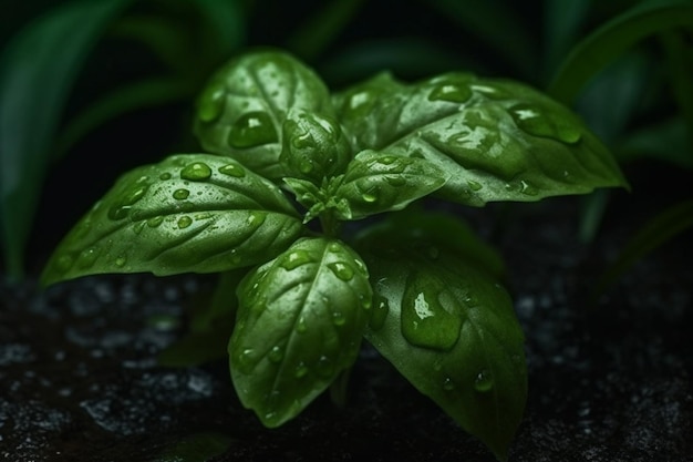 Fresh sweet Basil with green leaves with drops of water on dark background