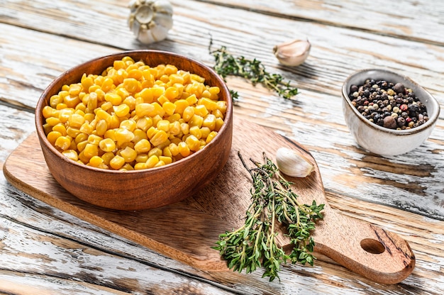 Fresh sweet canned corn on the table