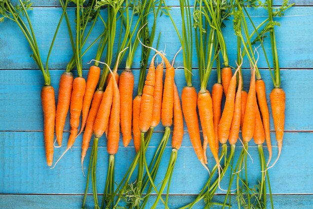 Fresh and sweet carrot on a grey wooden table