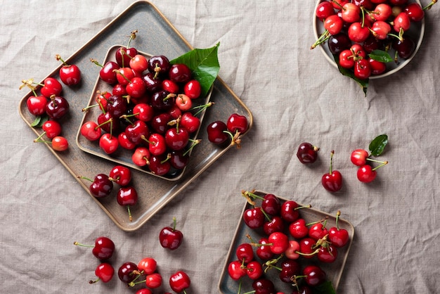 Fresh sweet cherry with green leaves