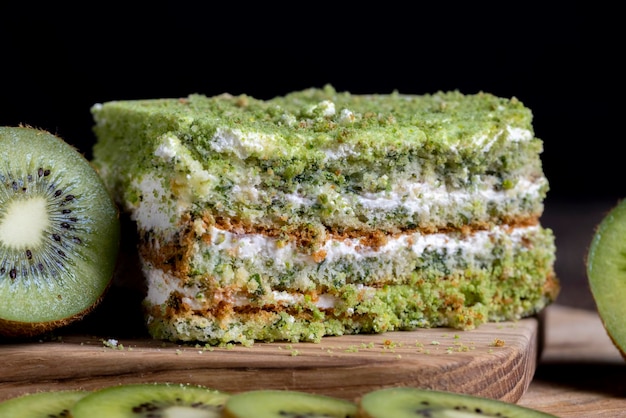 Fresh and sweet green cake with sliced green kiwi fruit