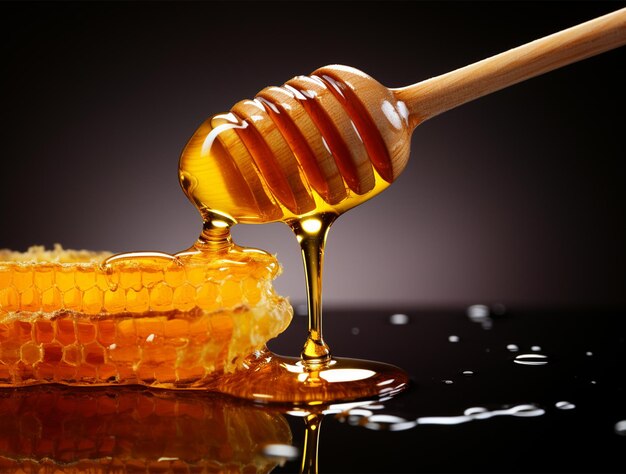 Fresh sweet honeycomb and wooden honey dripping isolated