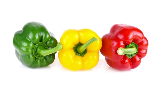 Fresh sweet pepper, red, green, yellow paprika, isolated on white background
