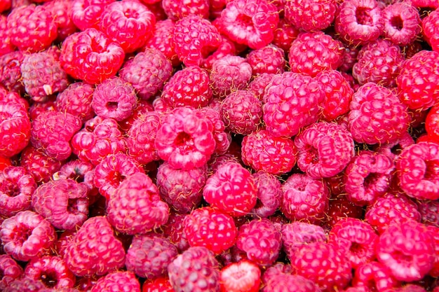 Foto sfondo di lamponi freschi e dolci sacco di bacche rosse mature lamponi closeup