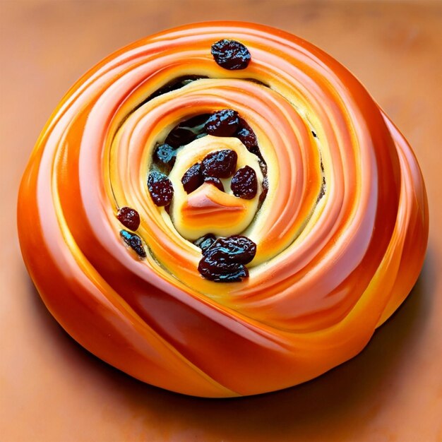 Fresh sweet swirl buns with raisins on colored wooden table