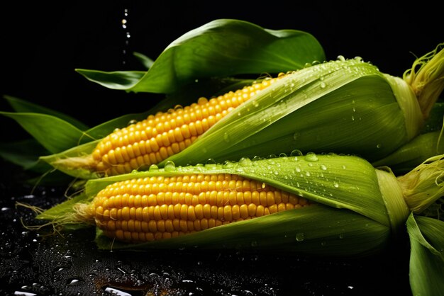 fresh sweetcorn with water drops on black background generative AI