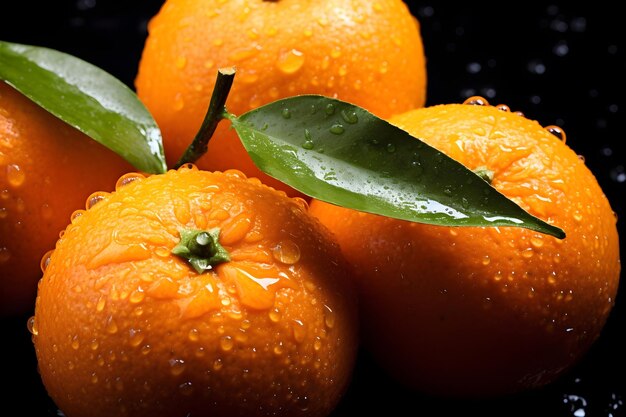 Photo fresh tangerines on a black background with water droplets