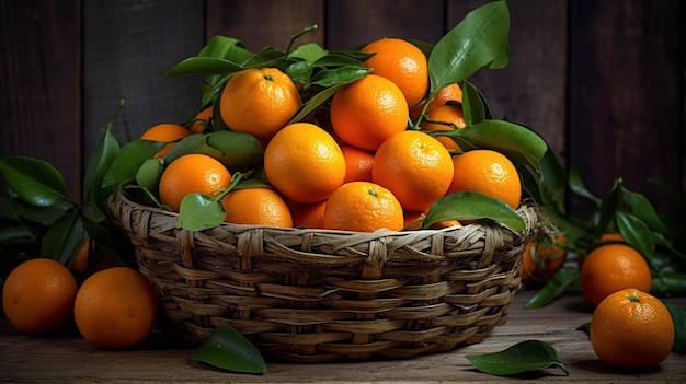 Fresh tangerines with leaves in a basket on a wooden background