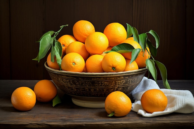 Fresh tangerines with leaves in a bowl on a wooden background