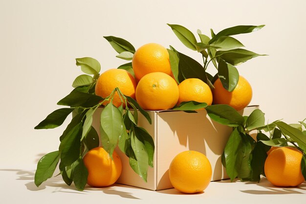 Fresh tangerines with leaves in a box on a light background