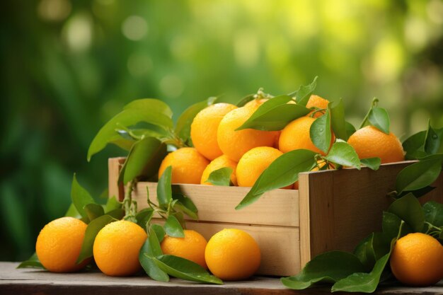 Photo fresh tangerines in a wooden box