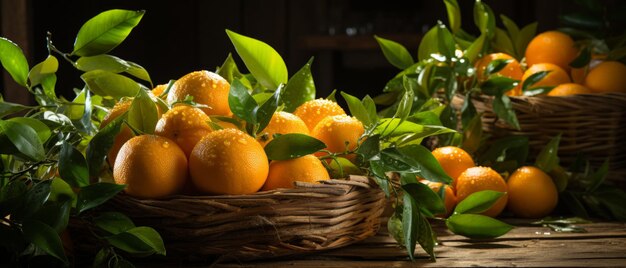 Fresh tangerines in a woven basket on a wooden table