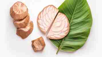 Photo fresh taro root with slices and leaf isolated