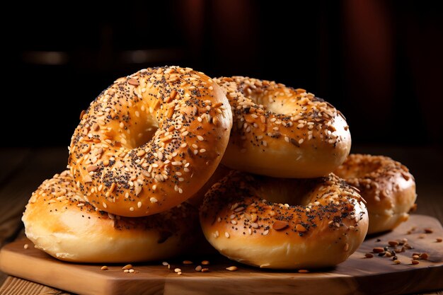 Fresh tasty bagels on wooden background Fresh bagels