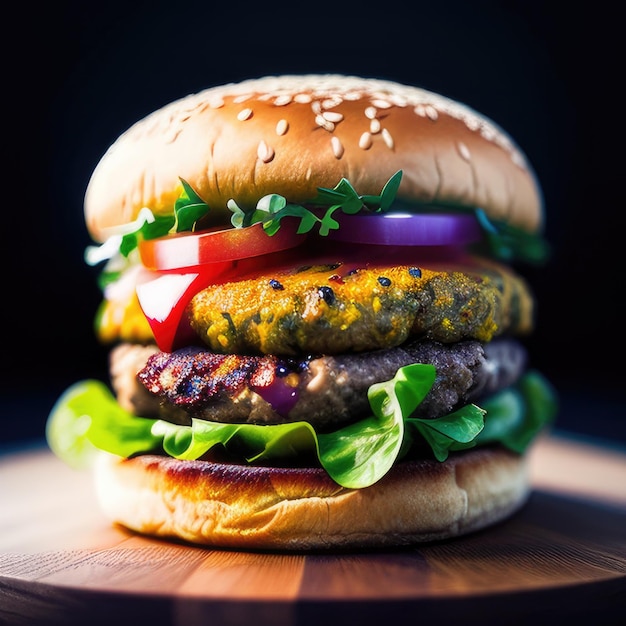 Fresh tasty burger on dark background Generative AI