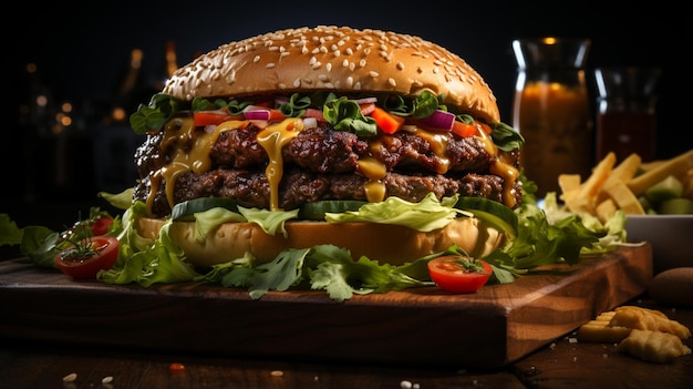 Fresh tasty burger on dark background