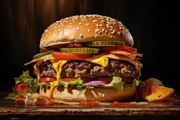 Fresh tasty burger on dark background