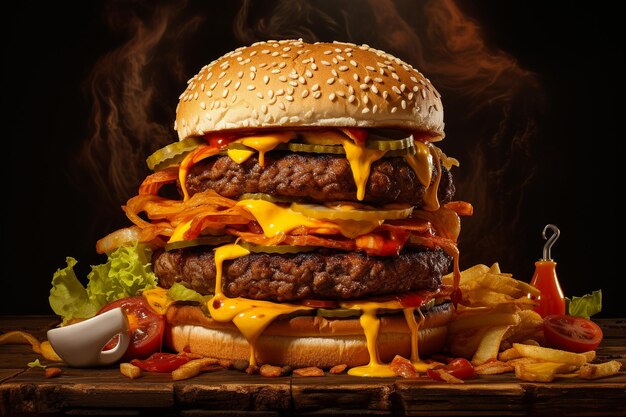 Fresh tasty burger on dark background