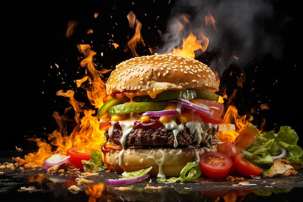 Fresh tasty burger on dark background