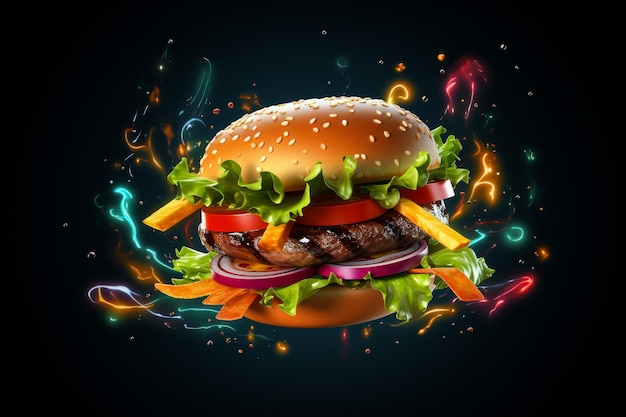 Fresh tasty burger on dark background