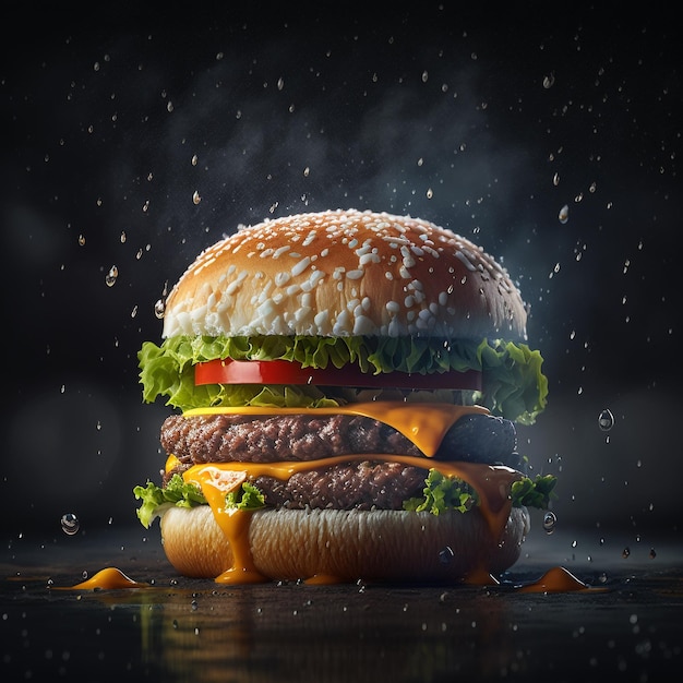 Fresh tasty burger on dark background