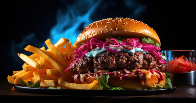 Fresh tasty burger on dark background