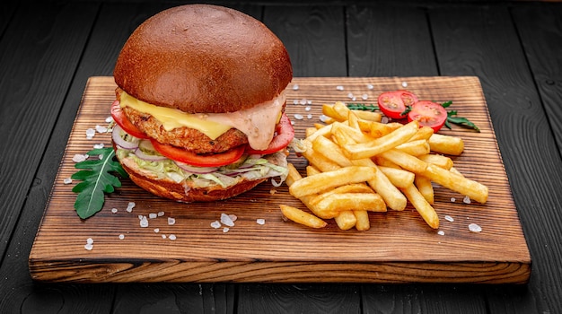 Fresh tasty burger and french fries