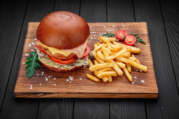 Fresh tasty burger and french fries