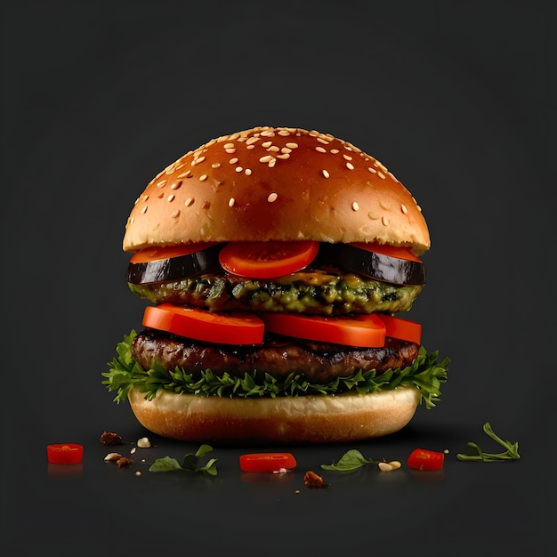 Foto burger fresco e gustoso con pomodori isolati su uno sfondo scuro