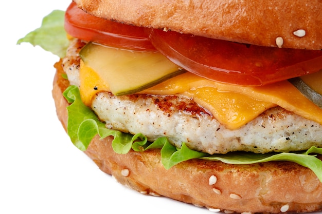 Fresh tasty burger on white background