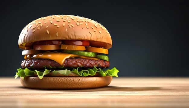 Photo fresh tasty burger with cheese and tomatoes on a grey background generative ai