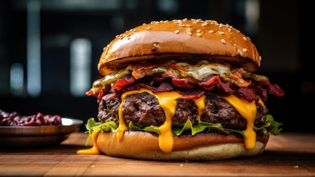 Fresh tasty burger on wooden plate