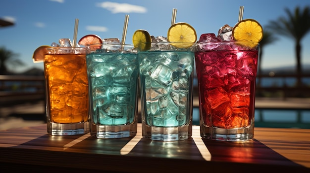 Photo fresh tasty colorful cocktails in a wonderful landscape with sea and beach