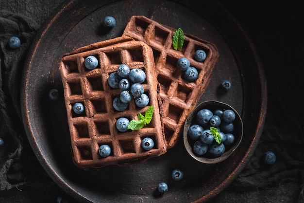 Fresh and tasty dark waffles with chocolate and berry fruits